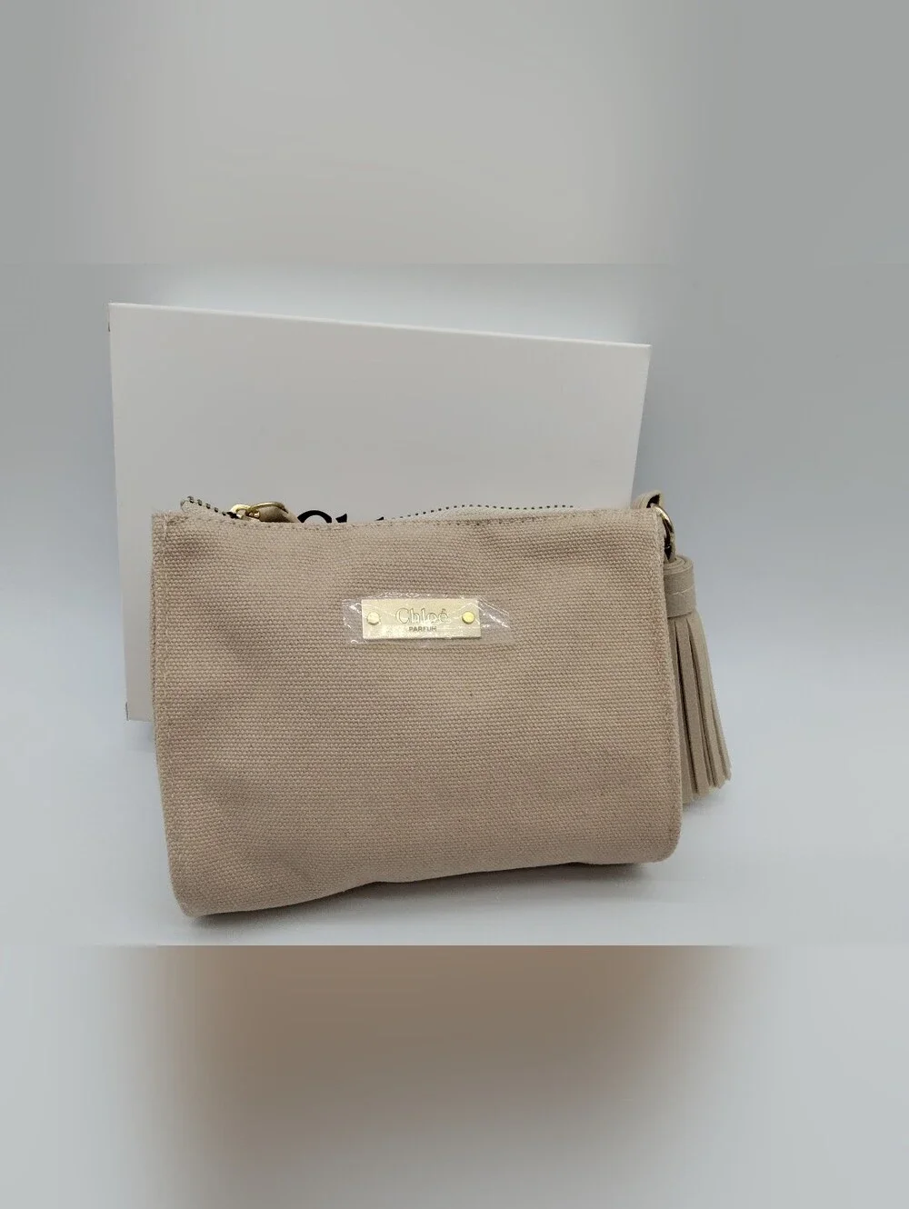 CHLOÉ Parfum Canvas Tassel Cosmetic Pouch Beige Beauty Makeup Bag NIB NWT
